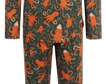 Kinderpyjama – grüner Oktopusdruck, Größe 134–140