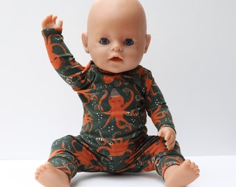 Doll pajamas - doll clothes - green octopus print - suitable for Baby Born, Corella and cuddly toys up to 43 cm - designed in the Netherlands