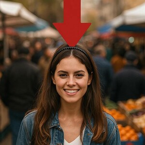 Può includere: Una persona sorridente con una giacca di jeans e una fascia nera, con una grande freccia rossa rivolta verso il basso sopra la testa. Lo sfondo mostra un vivace mercato all'aperto con bancarelle e persone sfocate.