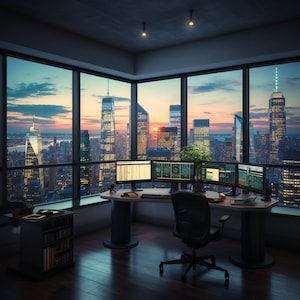 Pode incluir: Um escritório moderno com uma grande janela com vista para o horizonte de uma cidade ao pôr do sol. O escritório tem uma mesa com vários monitores de computador, uma cadeira de escritório preta e um arquivo preto.