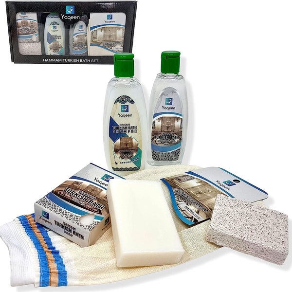 Turkish Bath Hammam Spa Gift Set Exfoliating Glove, Shower Gel, Shampoo, Soap Bar Box Sauna Oriental