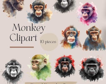 Watercolor Monkey Clipart: Jungle Animal PNG Stickers (Digital Download
