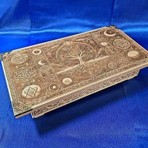 Engraved Wooden Altar: Sacred Geometry, Celestial Symbols, Ritual Decor, Tree of Life