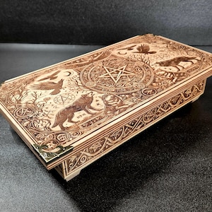 Engraved Wooden Altar: Sacred Geometry, Wolf & Raven Design