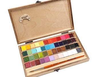 Handmade 48 Rainbow Colors Watercolor Set in Wooden Box