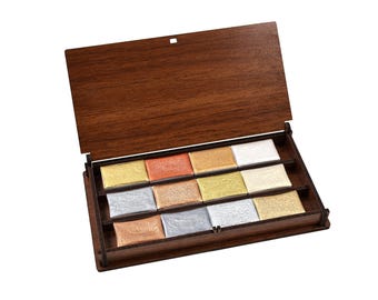 Handmade Metallic Watercolor Set: 12 Colors in Wooden Box