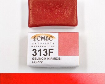 Handmade Poppy Red Watercolor Paint: Semse 313F Full Pan