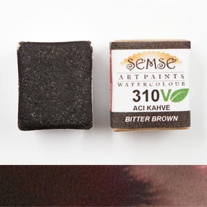 VEGAN - Semse Handmade 310V Bitter Brown Handmade Vegan Watercolor Paint 1/2 Pan 2ml | For Professional, Academic and Amateur Use