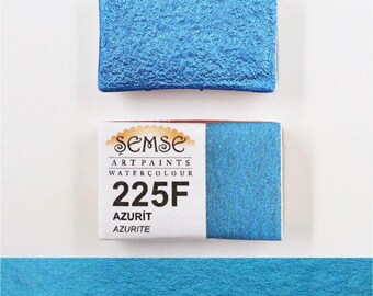 May include: Azurite watercolour paint in a pan, labelled "Semse Art Paints Watercolour 225F Azurite". The paint is a vibrant blue with a shimmery finish.