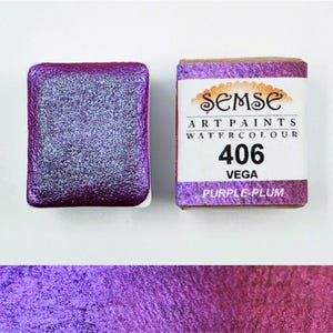 Semse Handmade Cosmos Series - 406 Vega Handmade Watercolor Paint 1/2 Pan 2ml | Purple-Plum | Prismatic Watercolor Paint | Color Changing!
