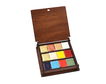 Handmade Watercolor Paint Set: 12 Rainbow & Metallic Colors in Wooden Box