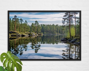 Nature picture in the forest by the lake / Framed poster on photographic paper