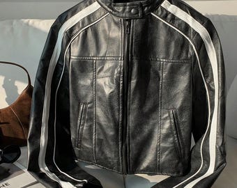 Women's Black Leather Biker Jacket | Striped Side Panel Cropped Moto Style