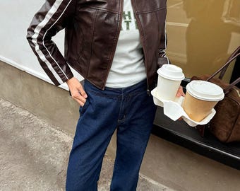 Brown Distressed Sheep Leather Cropped Biker Jacket | Women's Street Style White Stripe Detail