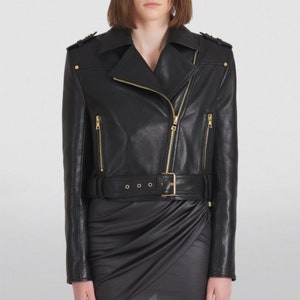 Blouson moto personnalisé en cuir d'agneau pour femme, noir, veste de course
