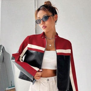 Veste motard color block pour femme | Blouson de moto en cuir de mouton fait main |  Veste en cuir rayée | Veste de moto courte | Cadeau pour elle