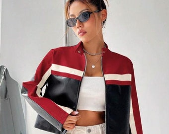 Colorblock Sheep Leather Biker Jacket | Cropped Moto Jacket