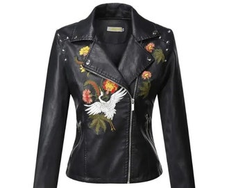 Women Handmade Embroidery Genuine Souvenir Leather Jacket Floral Casual Fashion Biker Jacket