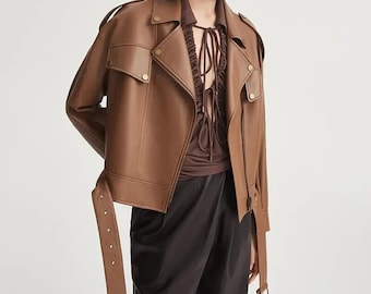 Women New Real Lambskin Soft Leather Coat Motorcycle Jacket for Ladies