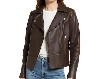 Women Handmade Real Soft Lambskin Brown Leather Bomber Jacket for Bikers