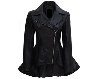 Women's Personalized  Asymmetrical Peplum Leather Jacket