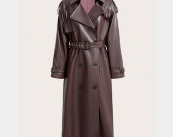Personalized Leather Trench Coat, Full Length Winter Jacket