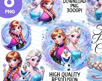 6 imagens PNG de Frozen, Elsa, Anna e Olaf. Alta qualidade (300 dpi) para sublimação, perfeitas para decoração de parede, clipart, estampas para camisetas e download digital instantâneo.