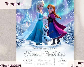 Convite de aniversário Frozen, modelo editável no Canva, convite da Elsa e da Anna, cartão imprimível 5x7, download instantâneo, aniversário de menina