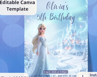 Convite de Aniversário da Elsa de Frozen - Convite Digital Editável no Canva para Festa de Meninas, Download Instantâneo, 5x7