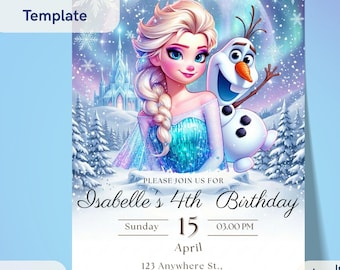 Convite de aniversário da Elsa de Frozen, modelo editável no Canva, convite para festa de aniversário de menina, imprimível 5x7, download instantâneo