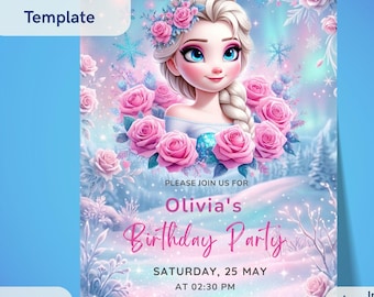 Convite de Aniversário da Elsa de Frozen - Convite Digital Editável no Canva para Festa de Meninas, Rosas Cor-de-Rosa, Download Instantâneo, 5x7, Tamanho para Celular