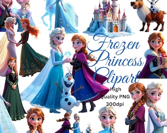Conjunto de Clipart das Princesas de Frozen, Aniversário Frozen, Irmãs Princesas, PNG de Desenho Animado, Anna e Elsa em PNG, Personagens de Frozen | Sublimação | Festa Infantil