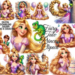 Rapunzel Inspired Princess Clipart Bundle | Long Hair Fairy Tale Girl PNG | Cute Princess Stickers | Birthday Invitation Graphics | 35 PNG