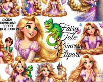 Pacote de Clipart de Princesas Inspiradas na Rapunzel | Menina de Conto de Fadas com Cabelos Longos em PNG | Adesivos Fofos de Princesas | Ilustrações para Convite de Aniversário | 35 PNGs