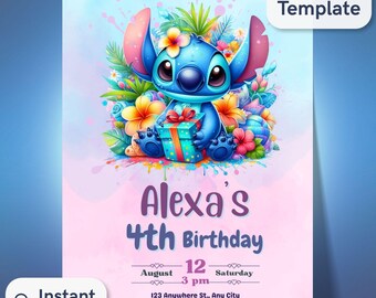 Convite de aniversário do Stitch, modelo editável no Canva, convite para festa de aniversário de menina, download instantâneo, convite infantil para imprimir