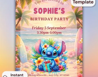 Tropical Stitch Birthday Invitation Template, Editable Hawaiian Beach Party Invite, Instant Download Canva Birthday Invitation