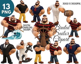 Conjunto de Clipart de Marinheiro Brutal - Personagem de Marinheiro Forte de Desenho Animado, Uso Comercial, Download Digital PNG, Personagens Engraçados de Desenho Animado do Popeye, Bruto