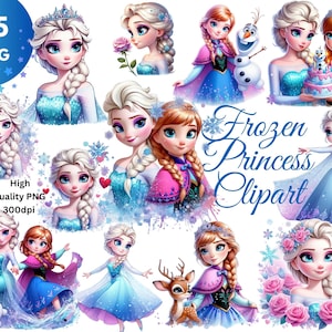 Conjunto de imágenes prediseñadas de princesa congelada, cumpleaños congelado, hermanas princesa, dibujos animados PNG, Anna Elsa PNG, personajes congelados, invitación congelada