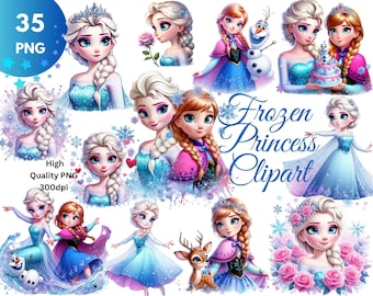 Conjunto de clipart de princesas congeladas, aniversário congelado, irmãs princesas, desenho animado PNG, Anna Elsa PNG, personagens congelados, convite congelado