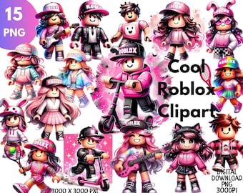 Conjunto de imagens PNG coloridas do Roblox, personagens PNG do Roblox, camiseta Roblox para meninos e meninas, PNG de gamer, aniversário Roblox, PNG para camiseta, preto e rosa