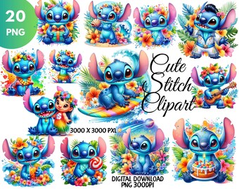 Conjunto de Clipart de Lilo e Stitch, PNGs fofos de Lilo e Stitch, Flor, Designs para Camisetas, Decoração de Festa de Aniversário, Cartões de Felicitações Exclusivos