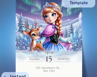 Convite de aniversário da Anna de Frozen, modelo editável no Canva, convite para festa de aniversário de menina, imprimível 5x7, download instantâneo