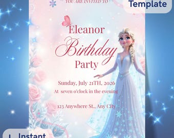 Convite de aniversário Frozen, modelo editável no Canva, convite para festa da Elsa, aniversário de menina, download instantâneo, convite para imprimir.