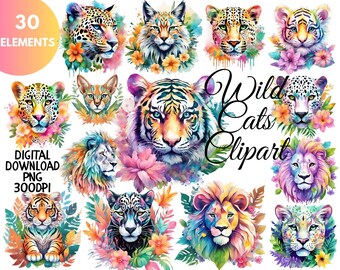 Clipart de felinos selvagens coloridos, leão PNG para sublimação, clipart de animais em aquarela, leão, tigre, onça-pintada, leopardo, clipart para estampa de camiseta
