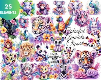Pacote de Clipart de Animais Coloridos da Selva, Clipart de Animais Selvagens em Aquarela, Clipart para Chá de Bebê, Leão, Tigre, Macaco, PNG para Uso Comercial