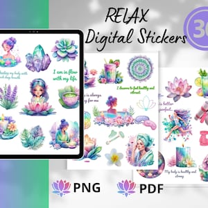 Pegatinas coloridas para agenda digital para amantes del yoga, imágenes prediseñadas de meditación, imágenes PNG de autocuidado, relajación, fitness, afirmaciones diarias, uso comercial