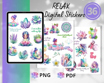Adesivos coloridos para planner digital para amantes de ioga, imagens de meditação, PNG de autocuidado, relaxamento, fitness, afirmações diárias, uso comercial.