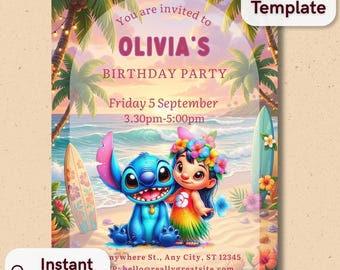 Convite de aniversário do Stitch, convite para festa infantil tropical, convite editável no Canva, convite de aniversário para menina, download instantâneo