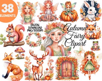 May include: A digital collection of 38 autumn-themed illustrations featuring fairies with orange hair, a white rabbit, a squirrel on a log, a fox, a deer, a frog, a mushroom, a floral wreath, and a wooden door surrounded by colorful fall foliage.