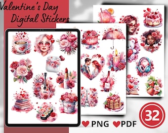 Adesivos para Planejador Digital, Clipart Romântico em Aquarela, Adesivos para iPad, Adesivos para o Dia dos Namorados, Goodnotes 2025, PNG pré-recortado, PDF para impressão